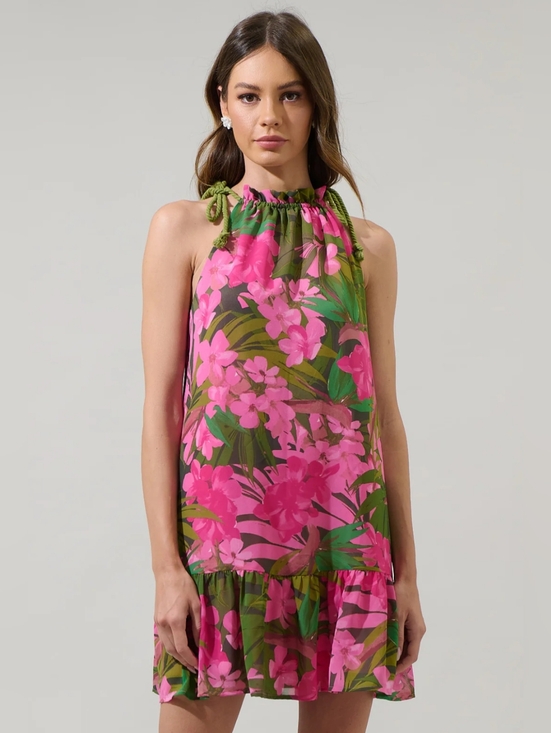Sugarlips Dresses & Skirts - Sugarlips Pink & Green Tropical Halter Mini Dress